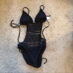 Black lace monokini one piece swim